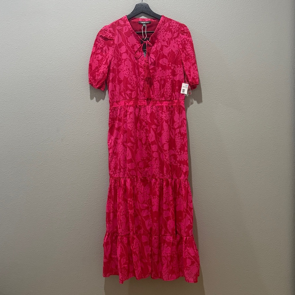 Laurel Grey Pink Floral Pandora Tiered Maxi Short Sleeve Dress Size S